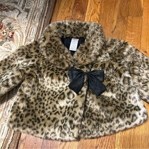 Gymboree Faux Leopard Fur Black Satin Front Bow Coat